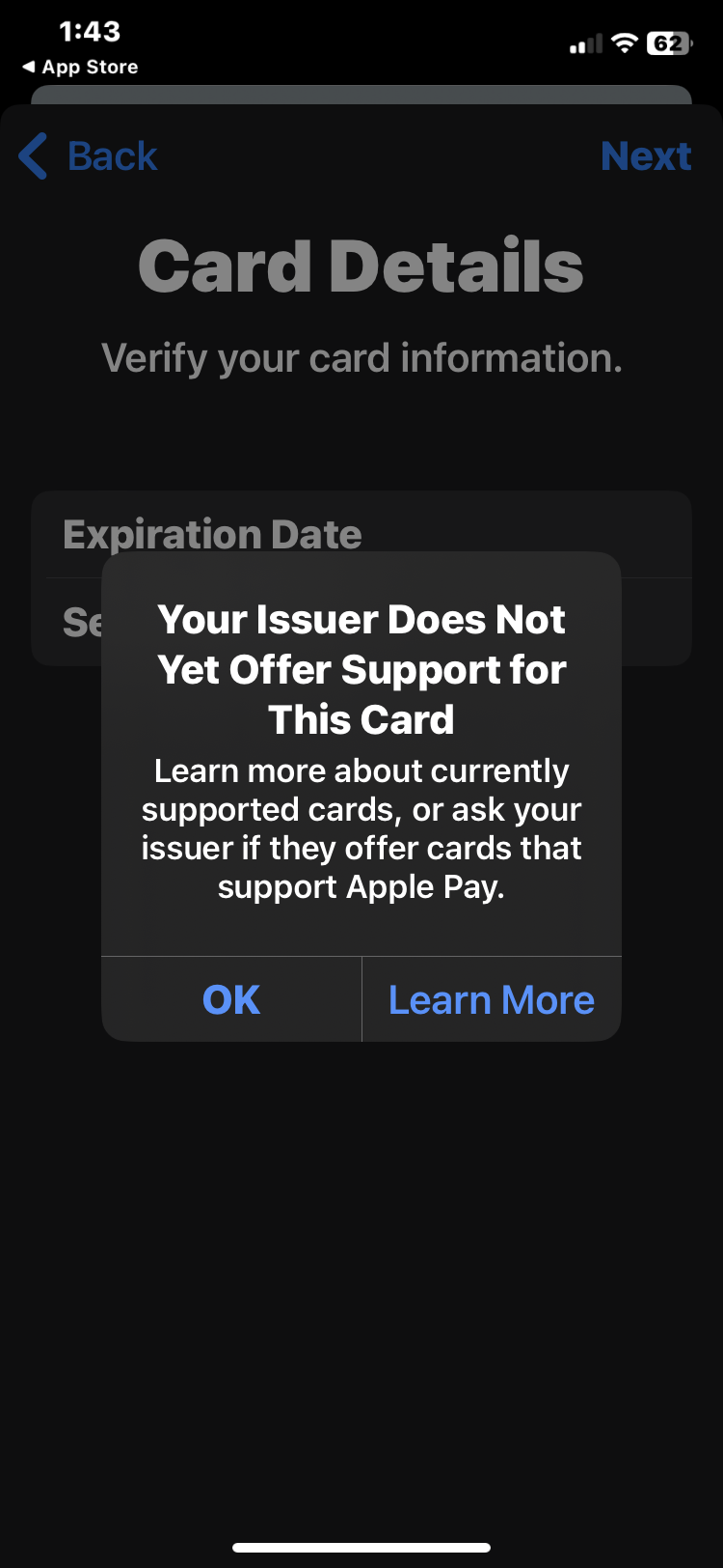 I can’t add a card on my Apple Pay Apple Community