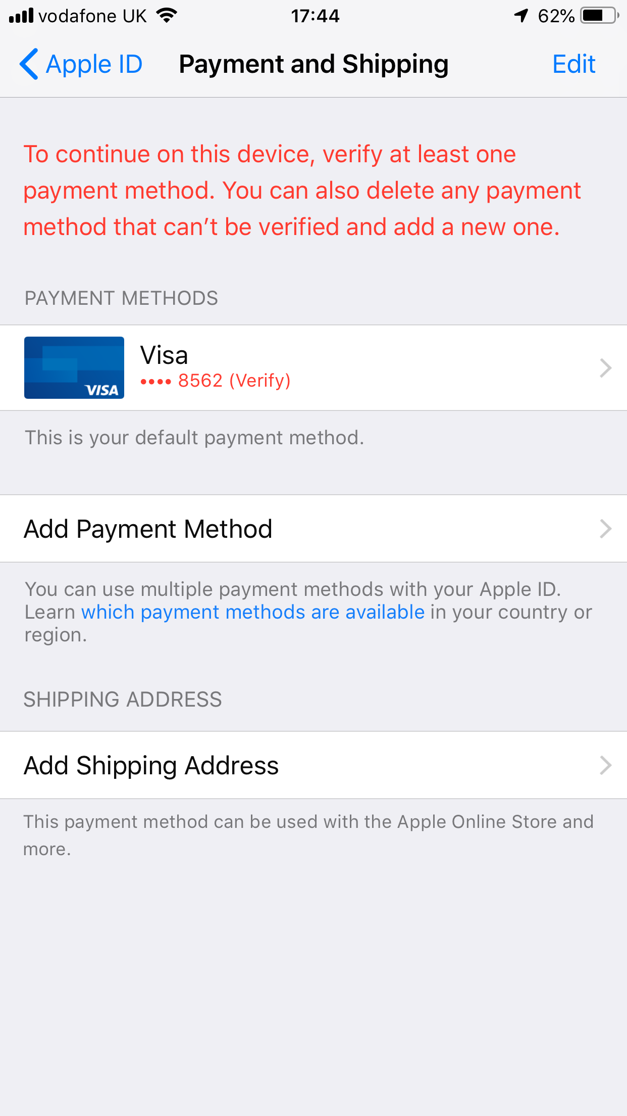 Why can't I remove a payment method from iPhone?